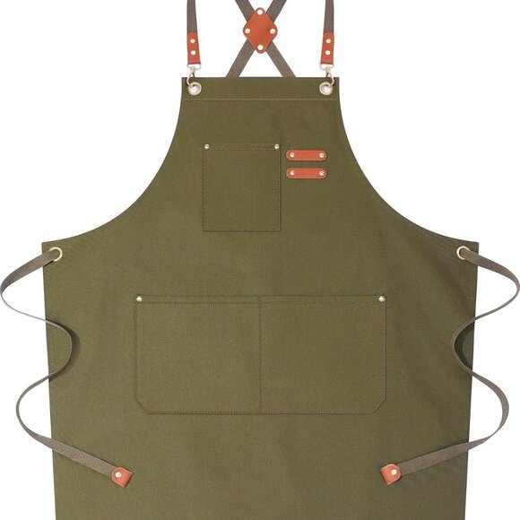 Chef Aprons for Women Men with Large Pockets, Cotton Canvas Cross Back Water Rep